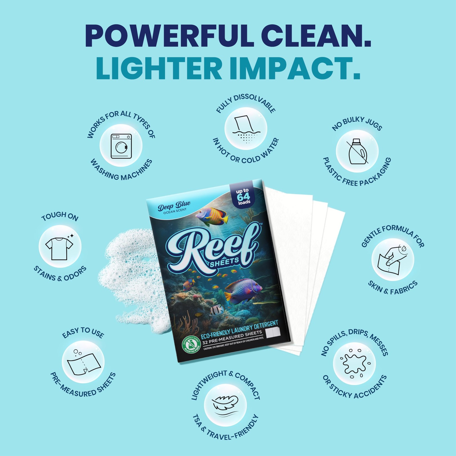 Reef Sheets Laundry Detergent Sheets, Deep Blue Ocean Scent, 32ct | 64 Loads, Hy