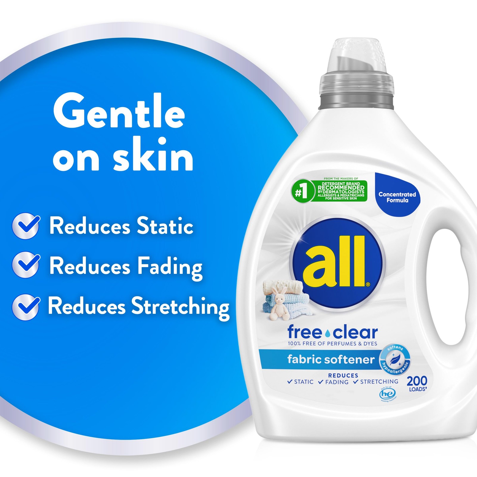 All Free Clear Liquid Fabric Softener for Sensitive Skin, 80 Oz, 200 Loads