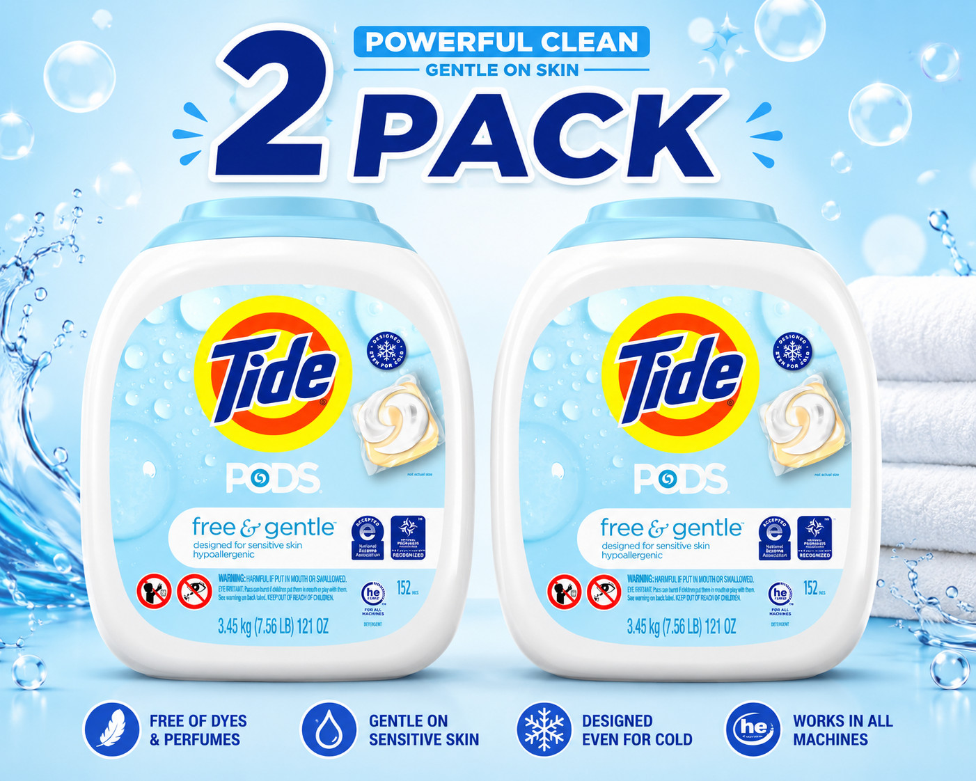 Tide Pods HE Laundry Detergent Pods Free & Gentle, 152 pieces (Pack of 2)