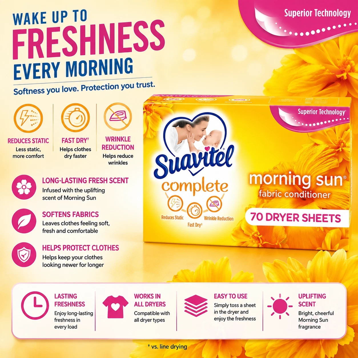 Suavitel Complete Dryer Sheets, Fabric Conditioner, Morning Sun, 70 Sheets
