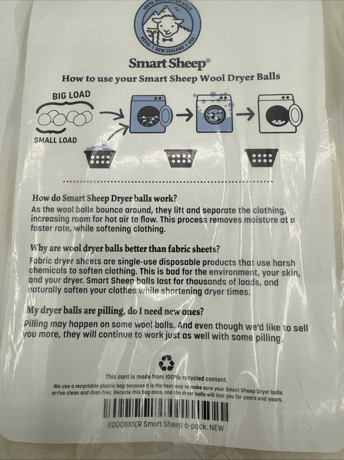 100% Wool Dryer Balls By Smart Sheep 6 Pack Premium Reusable Natural Fabric New