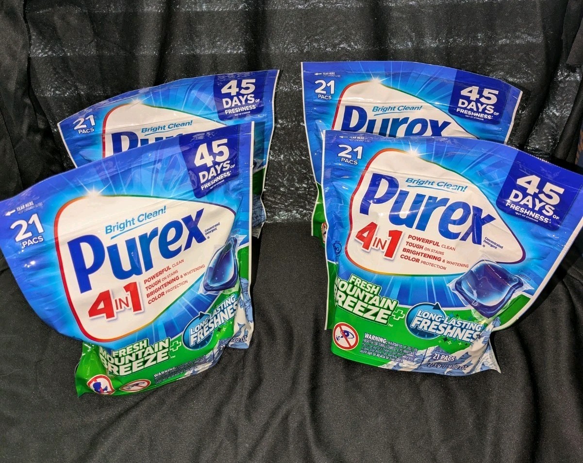 LOT (4) PUREX 4 IN 1 LAUNDRY DETERGENTS PACS MOUNTAIN BREEZE TOTAL 84 PACS