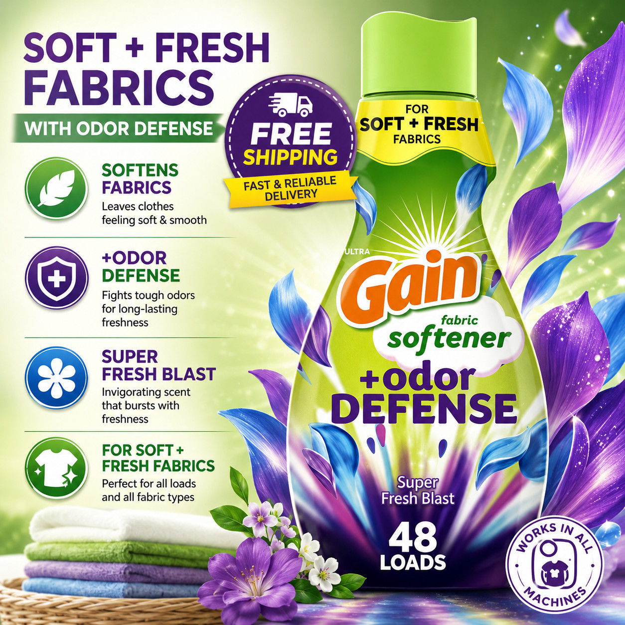 Gain Odor Defense Fabric Softener Super Fresh Blast 35oz 48 Loads- Free Shipping