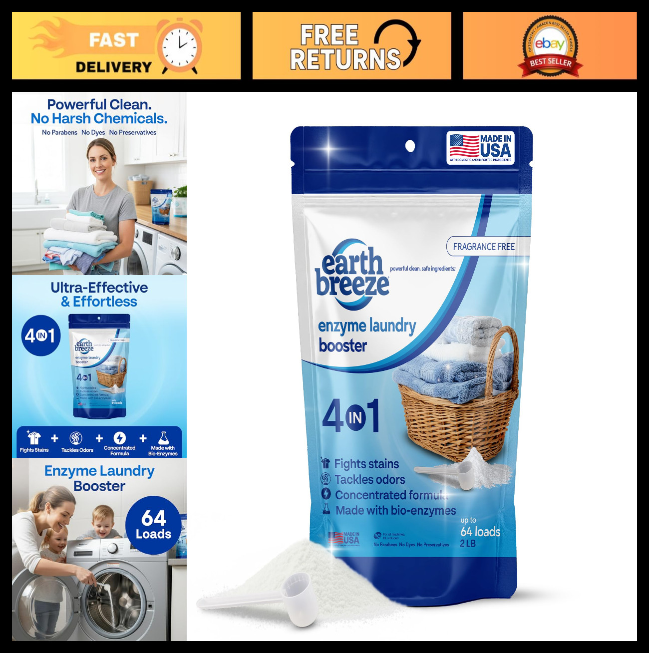 Powerful Enzyme Laundry Booster Powder 2lbs – 4-in-1 Deep Clean, Odor & Stain Fi