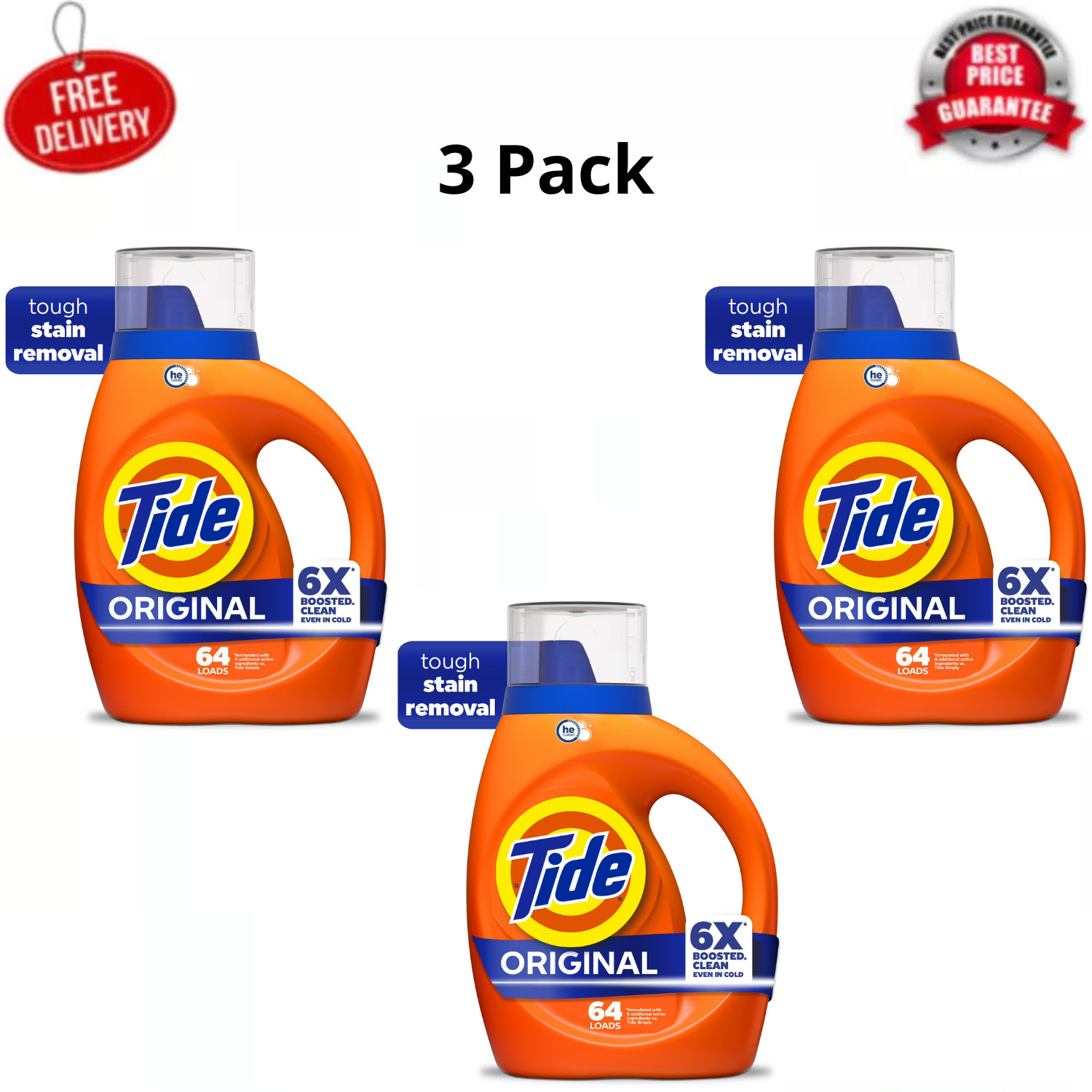 (3 pack) Tide Original HE Laundry Detergent 64 Loads 80 -fl oz
