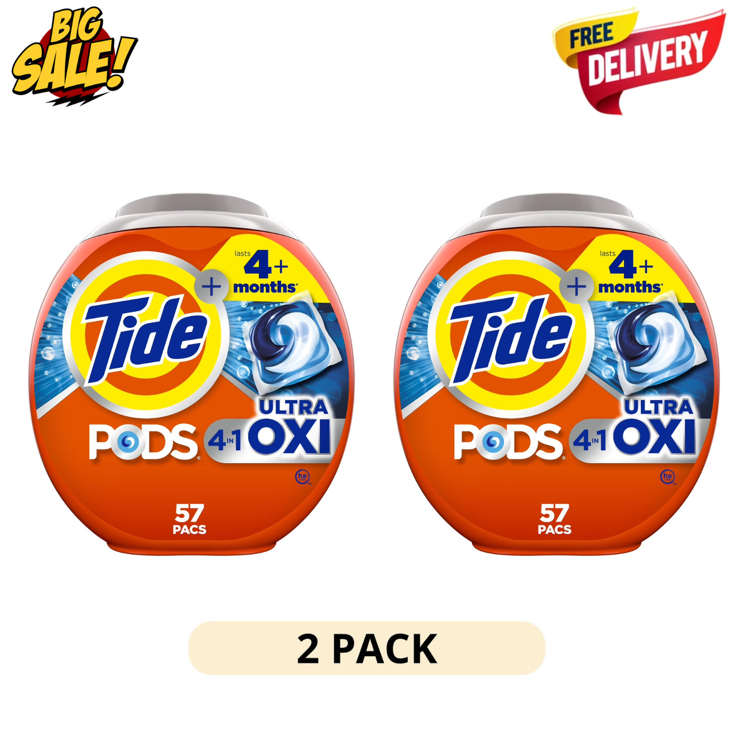2 Pack Tide PODS Ultra Oxi 57Ct Laundry Detergent Pacs Stain Remover Power Clean