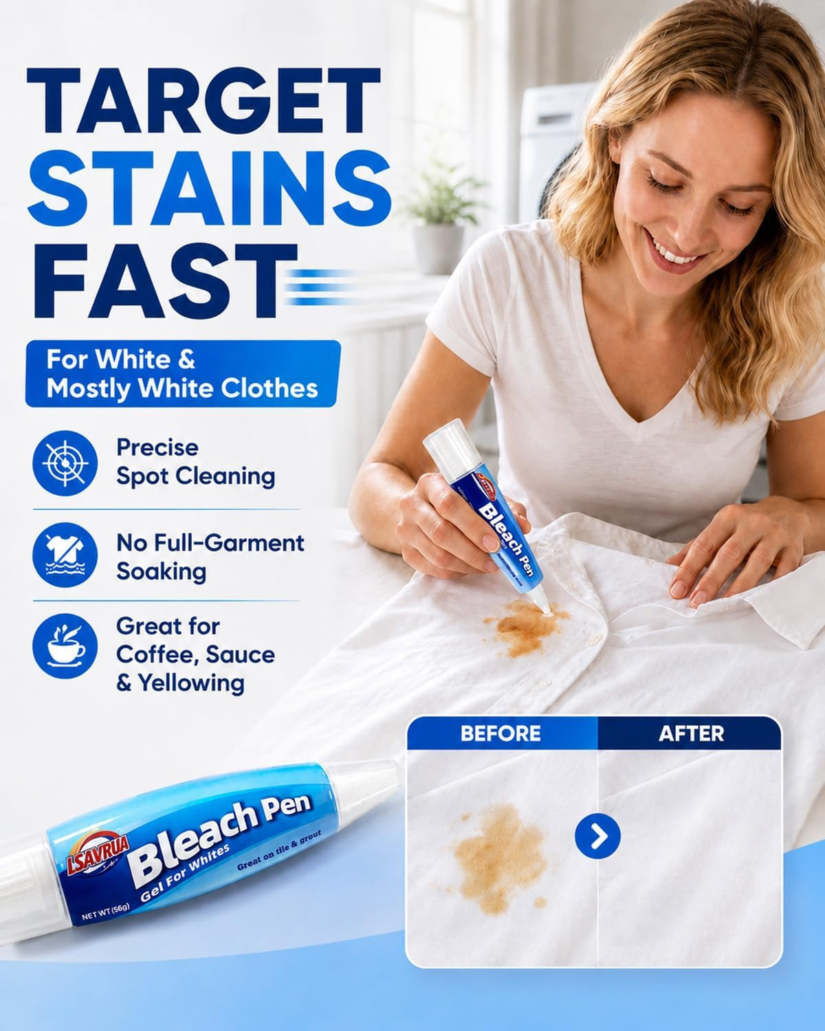 Bleach Pen for Clothing, Bleach Gel Stain Remover Pen for White Clothes, Portabl