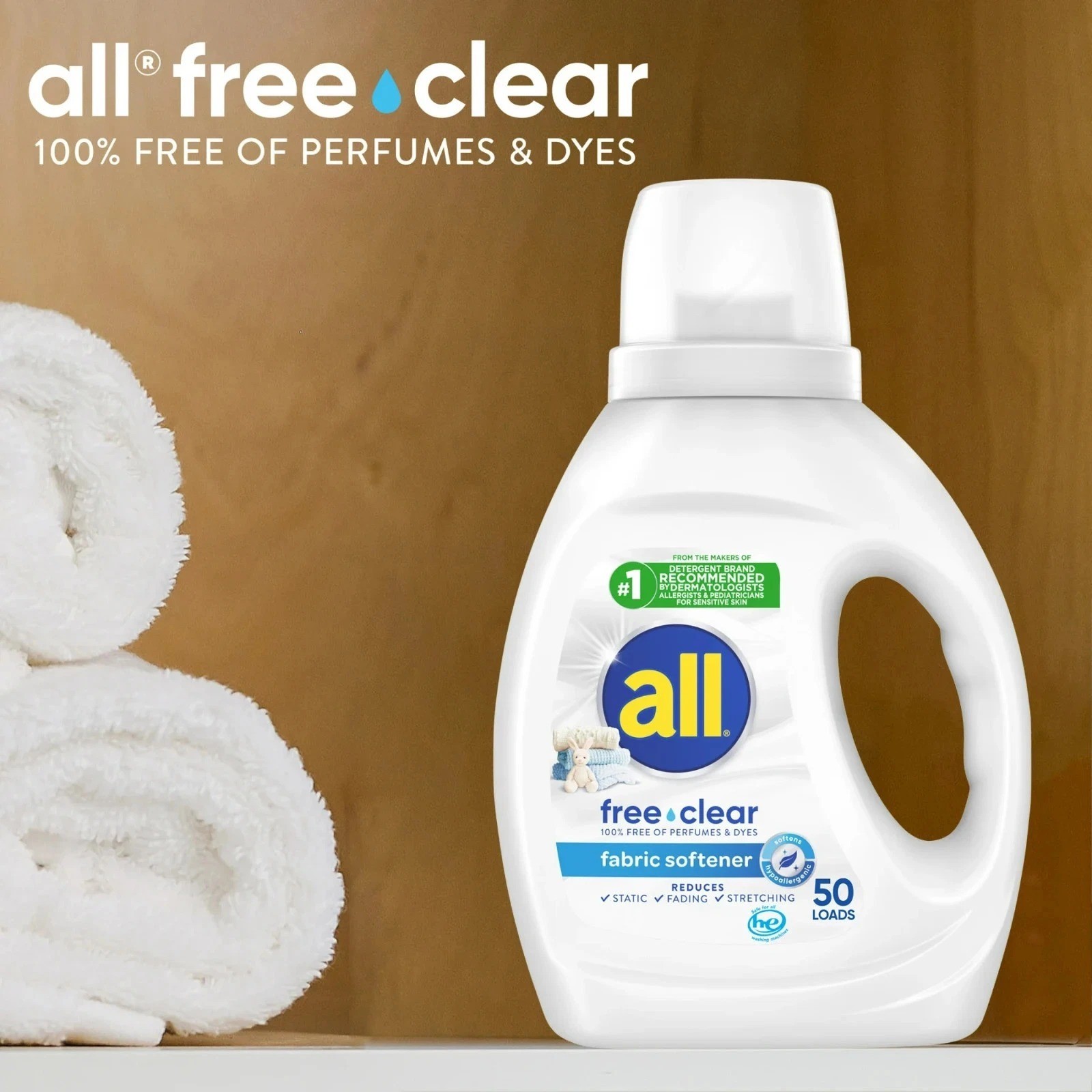 All Liquid Fabric Softener, Free Clear, 34 fl oz, 50 Loads