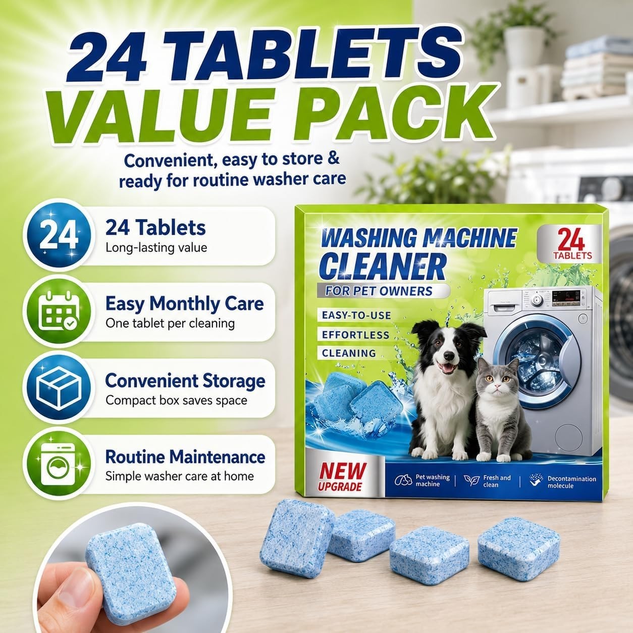 Enzyme Washing Machine Cleaner Tablets for Pet Owners, 24 Count (Pack of 1)