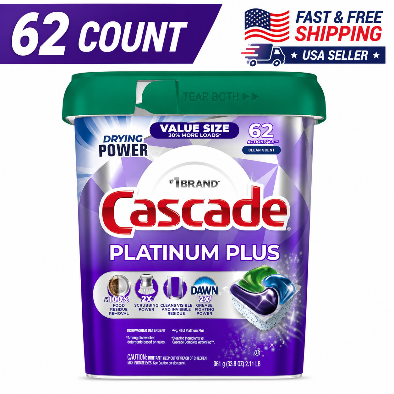 Cascade Platinum Plus Dishwasher Pods Clean Scent Dish Detergent 62 Ct free ship