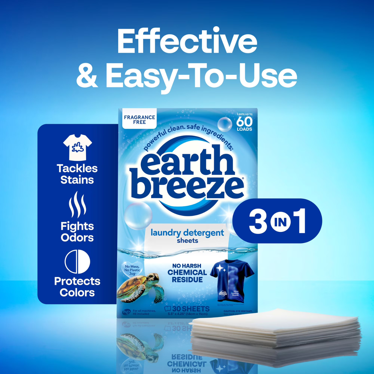 Earth Breeze Laundry Detergent Sheets Fragrance Free 60 Loads Eco, 2 Pack