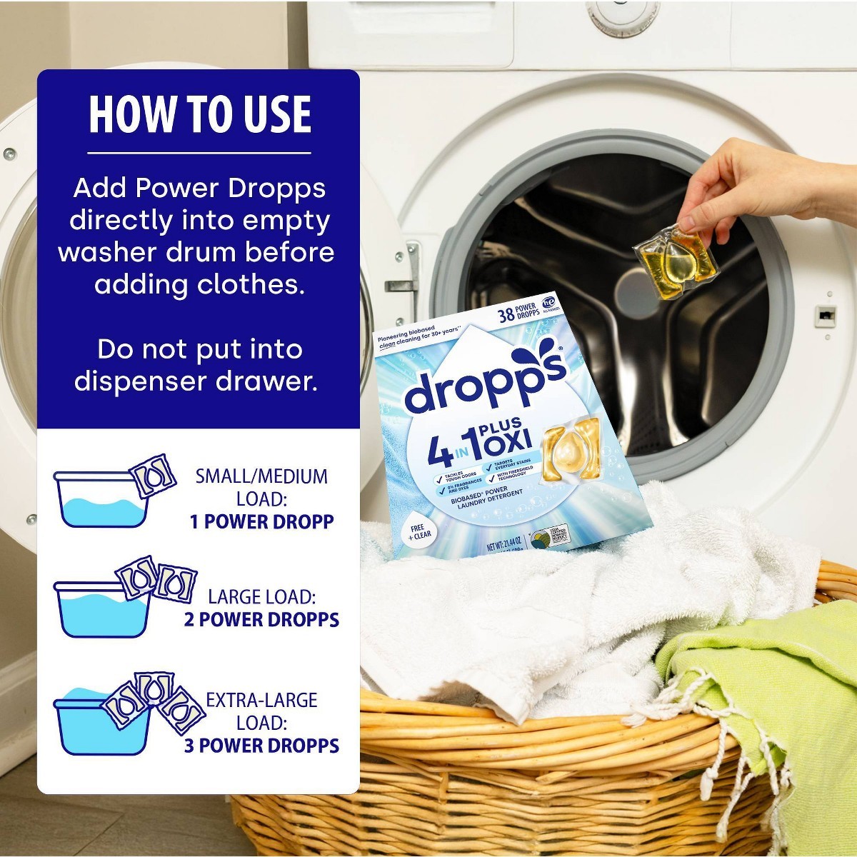 Dropps Unscented Free & Clear 4-in-1 Plus Power Detergent Pods 38 Pacs – 21.44oz