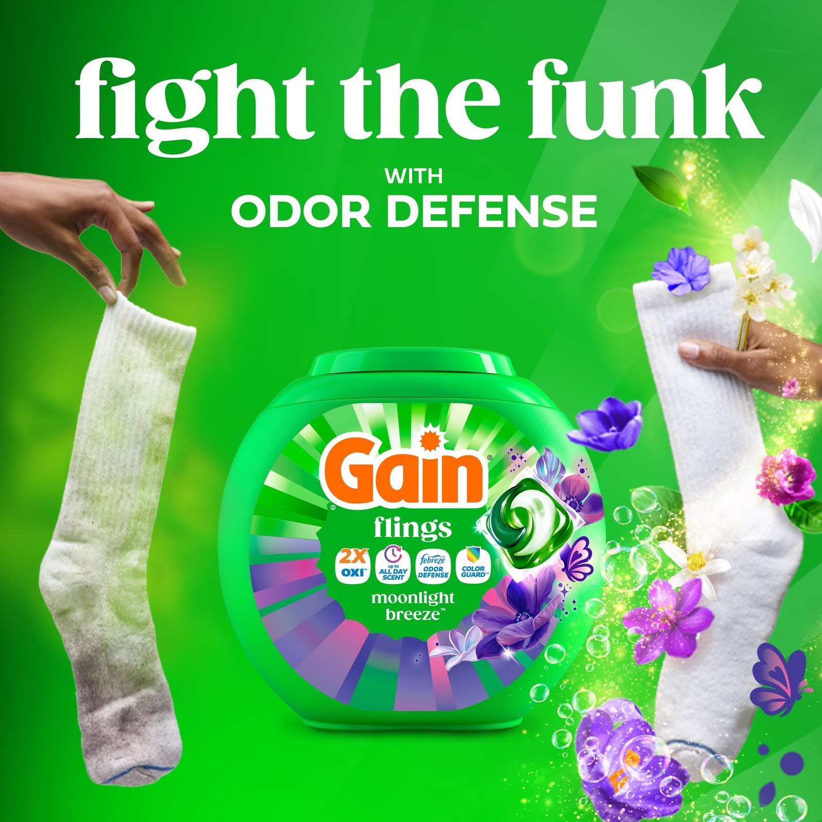 Flings Laundry Detergent Soap Pacs, 4-In-1 Oxi Boost and Febreze, Moonlight Bree