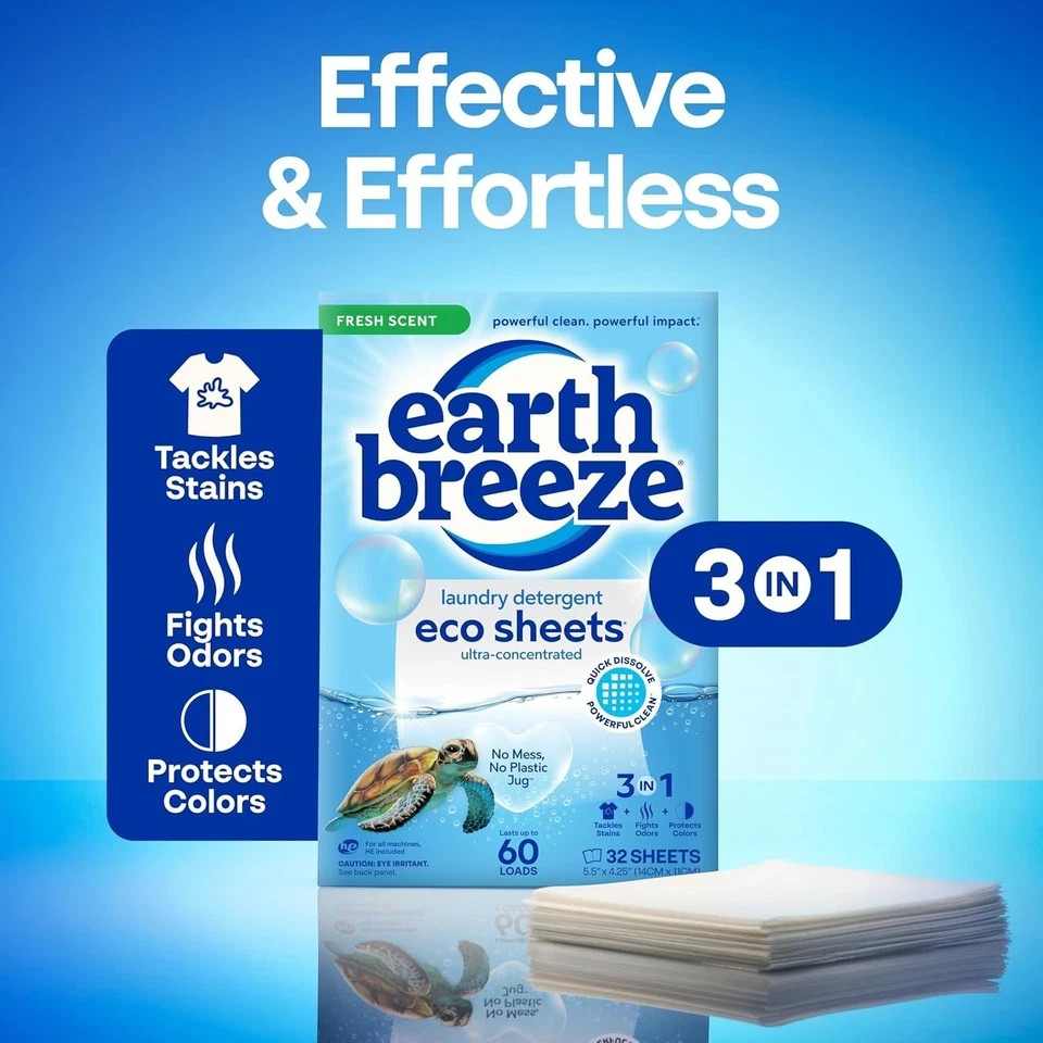 Earth Breeze Laundry Detergent Sheets Fresh Scent 30 Ct 60 Loads Travel Eco
