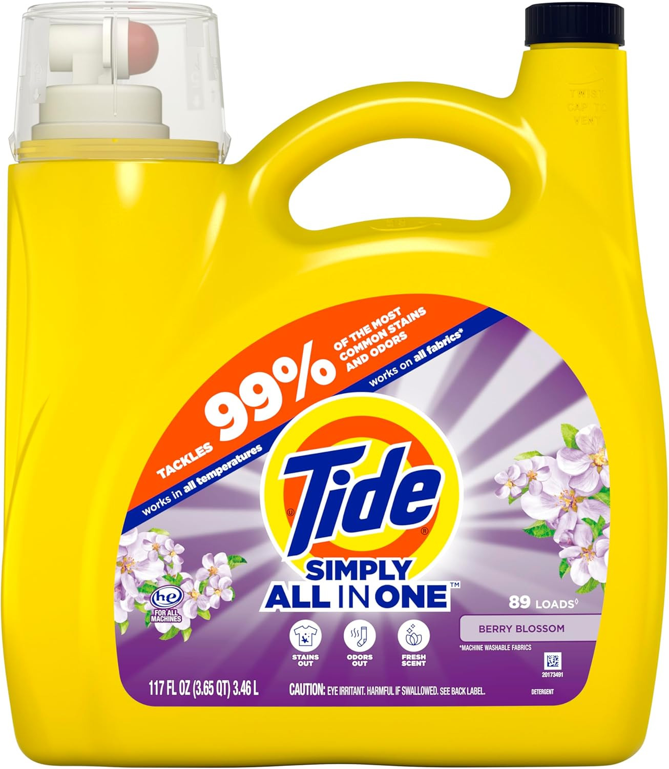 Tide Simply All-In-One Liquid Laundry Detergent, Berry Blossom Scent, 89 Loads,