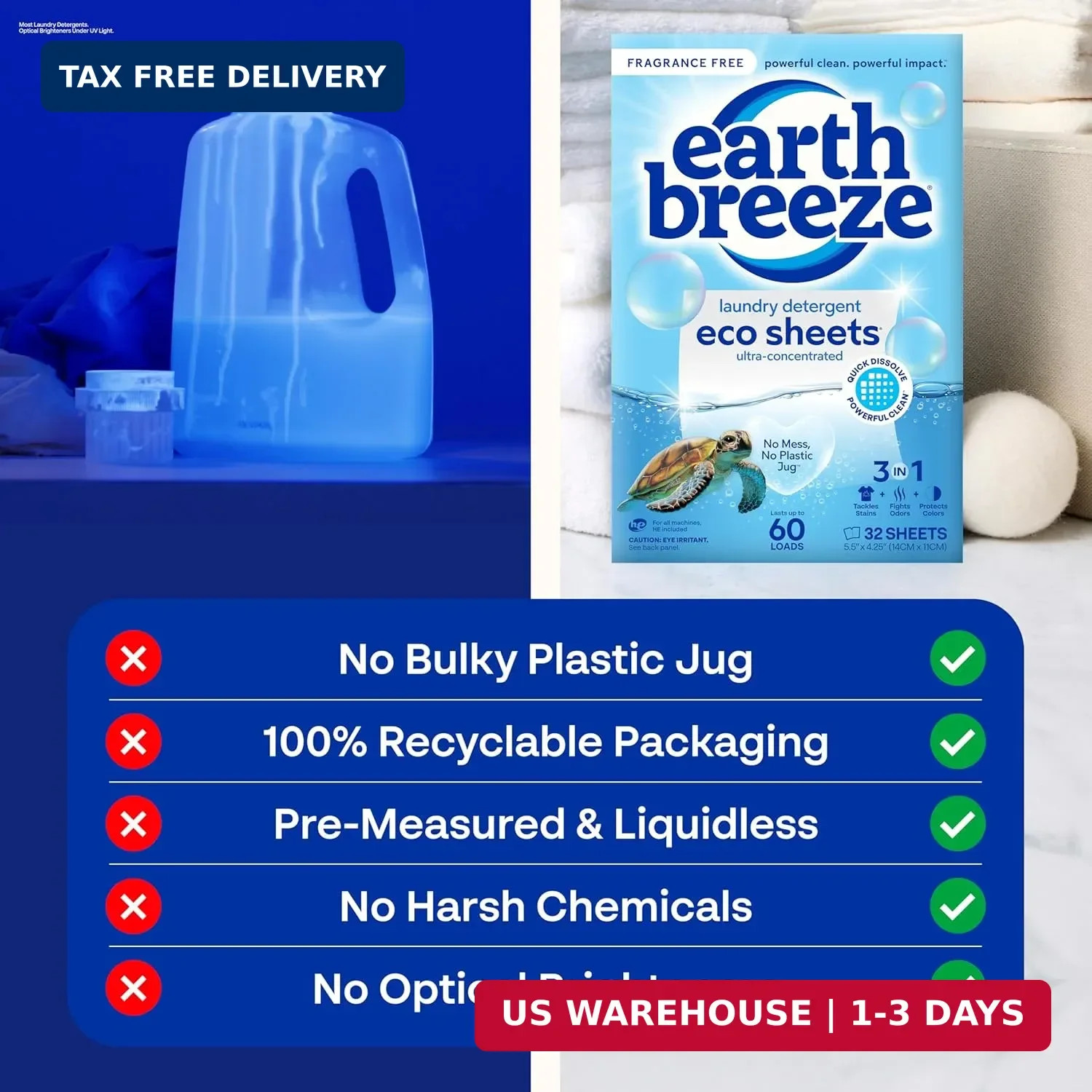 Earth Breeze Laundry Detergent Sheets-Fragrance Free-No Plastic Jug (60 Loads)