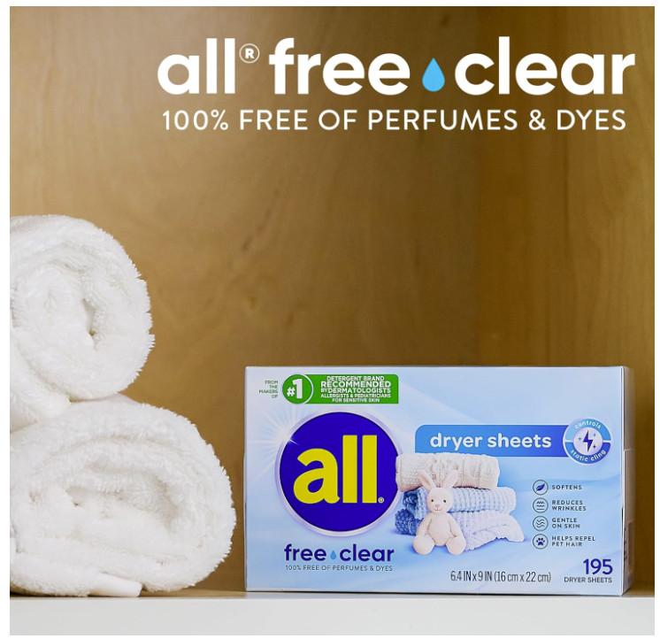 All Fabric Softener Dryer Sheets for Sensitive Skin, Free Clear, 195 Count