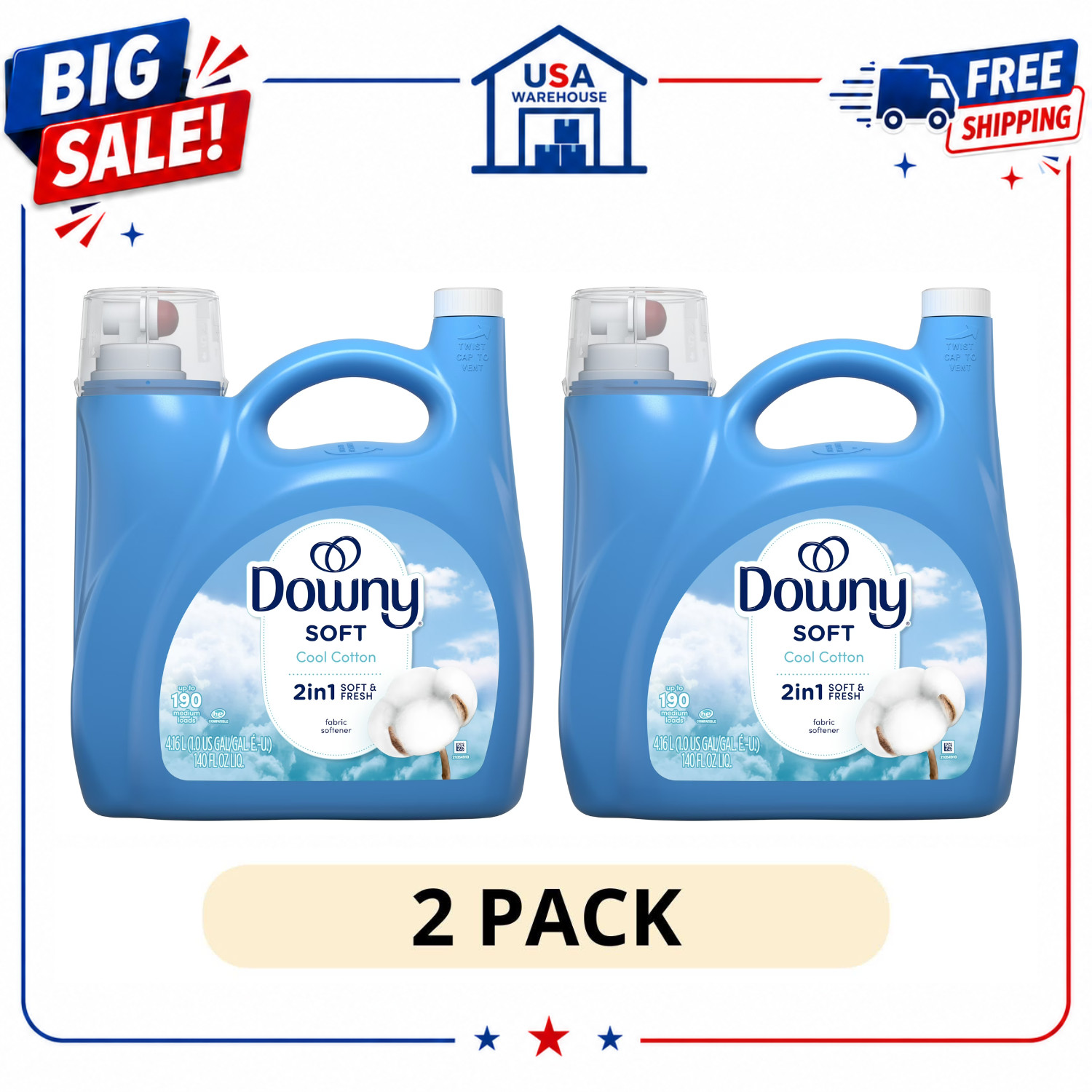 2 Pack Downy Cool Cotton Liquid Fabric Softener&Conditioner 140 fl oz 190 Loads