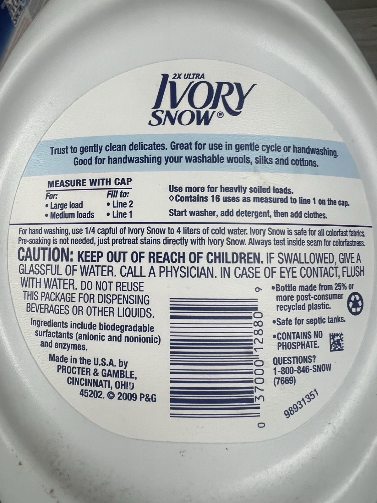 (1) IVORY Snow 2X Ultra Gentle Care Detergent Liquid ~25 fl oz~Blue Cap.