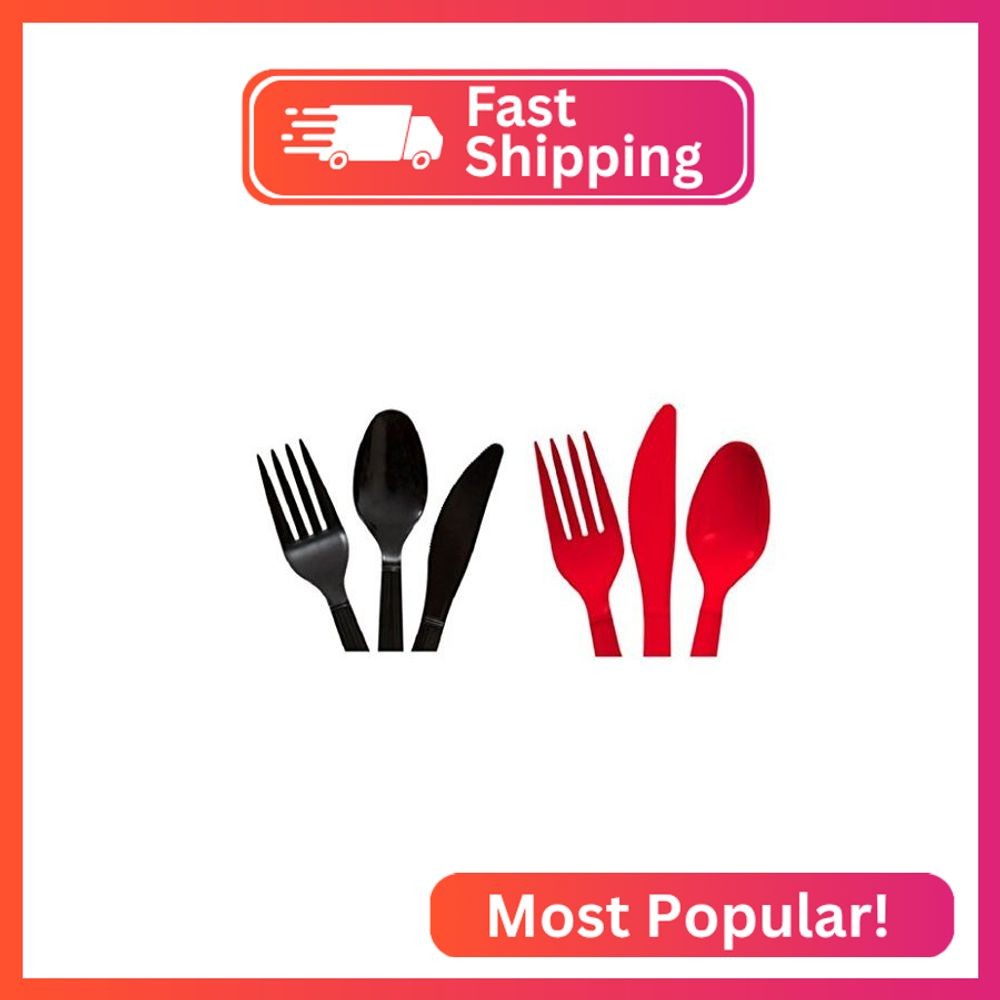 Red & Black Heavy Duty Plastic Cutlery Sets – 16 Spoons, 16 Forks, 16 Knives – 2