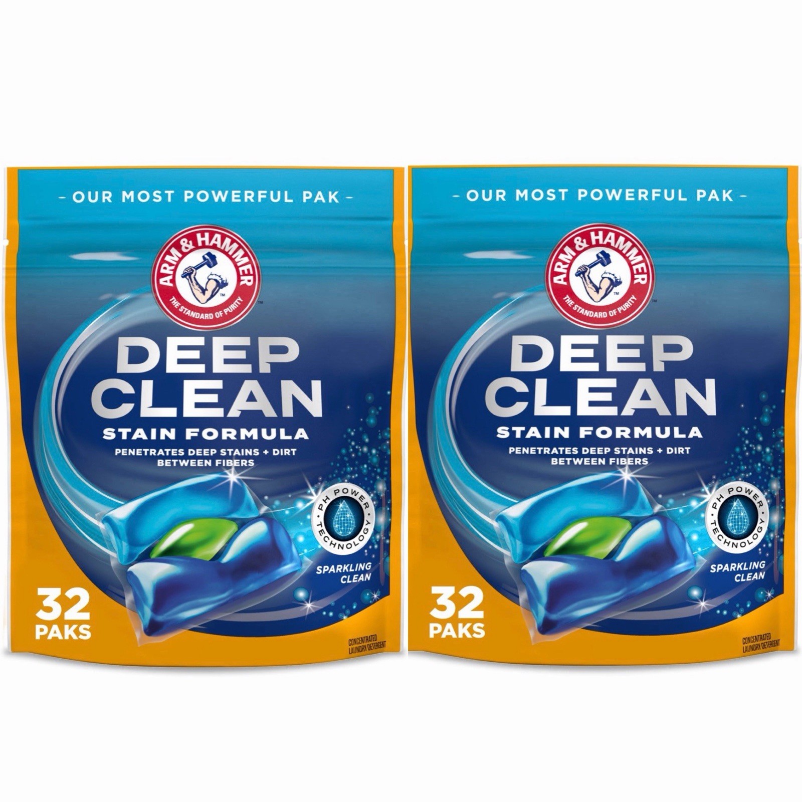 ARM & HAMMER Deep Clean Stain Formula Laundry Detergent Pods, 32 Paks x 2 = 64