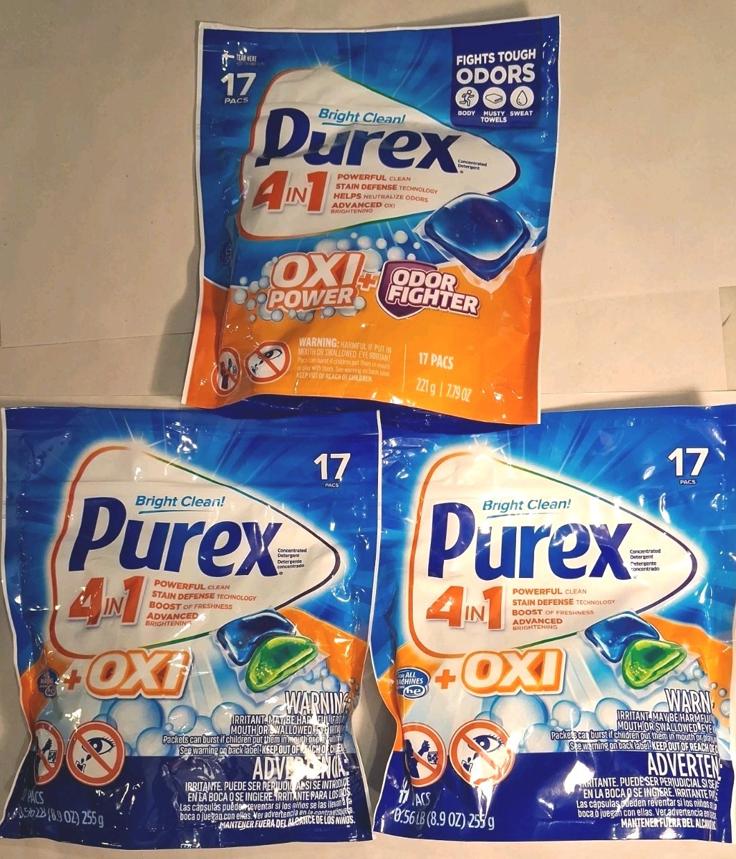 3 Count Purex 4 In 1 Laundry Detergent Pacs W/ Oxy-17ct. Each