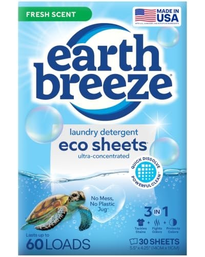 Earth Breeze Laundry Detergent Sheets Fresh Scent 30 Ct 60 Loads Travel Eco