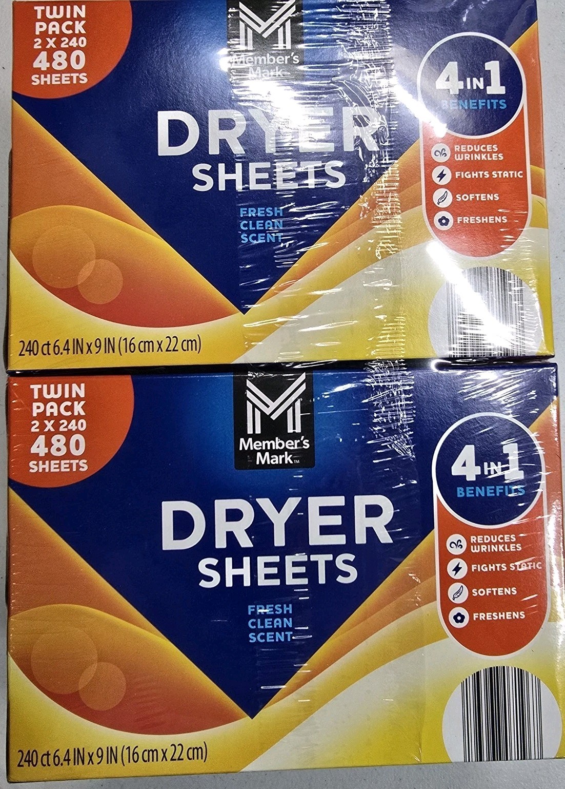 Member’s Mark Dryer Sheets Fresh Clean Scent Fabric Softener 480 Count 2pk