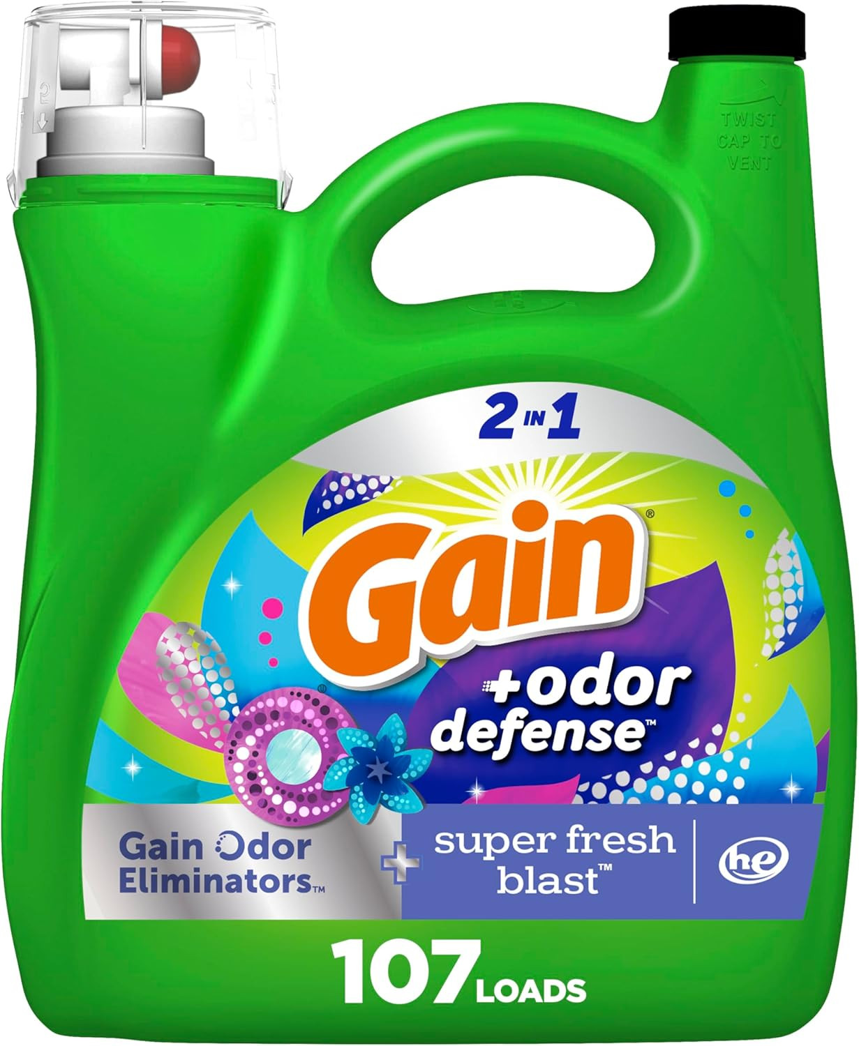 Gain + Odor Defense Liquid Laundry Detergent, Super Fresh Blast Scent, 107 Loads