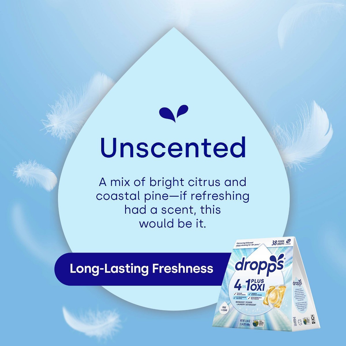 Dropps Unscented Free & Clear 4-in-1 Plus Power Detergent Pods 38 Pacs – 21.44oz