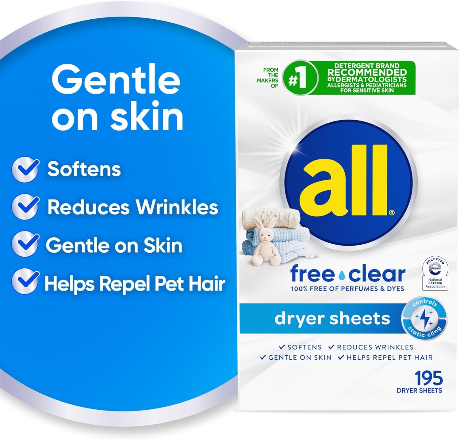 all Fabric Softener Dryer Sheets for Sensitive Skin, Free Clear, 195 Count