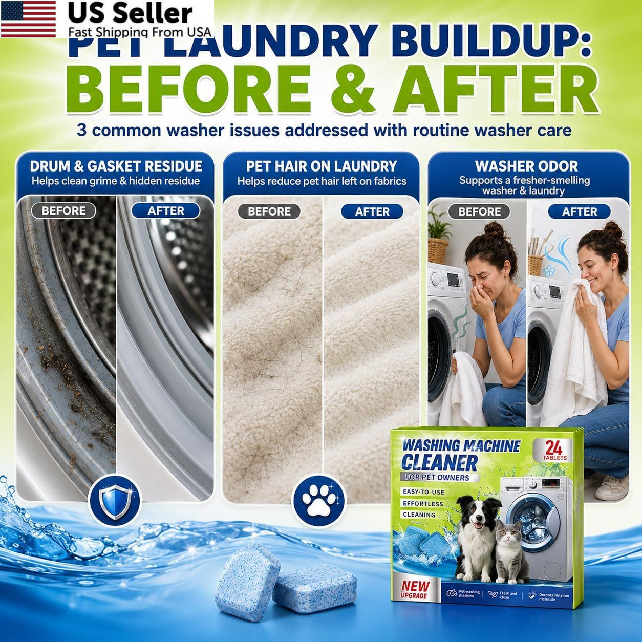 Enzyme Washing Machine Cleaner Tablets Pet Odor Hair Remover Front Top Load 24ct