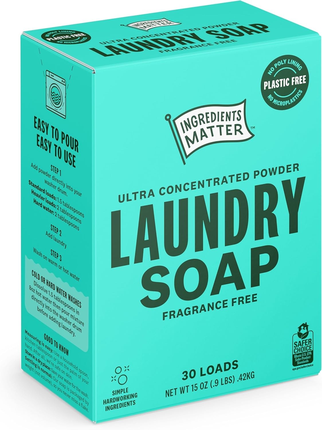 Ingredients Matter Powder Laundry Soap – Fragrance Free – 15 oz, 30 Loads