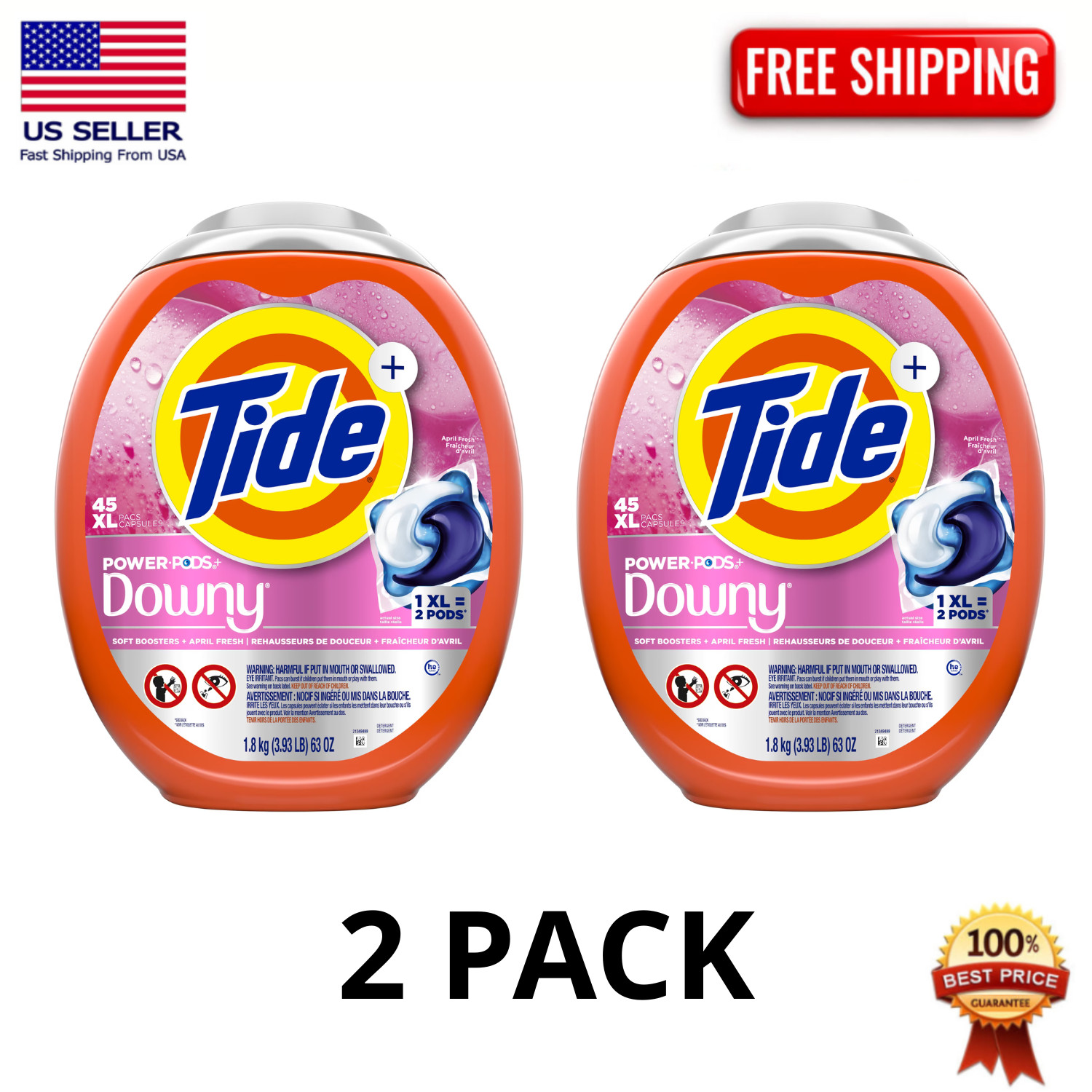Tide Power PODS with Downy April Fresh Laundry Detergent Pacs 45 Ct, 2 Pack