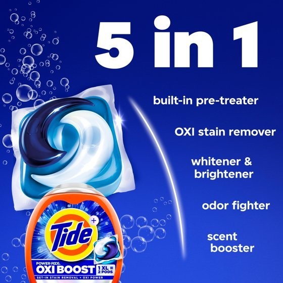 Tide Oxi Boost Power PODS Laundry Detergent Pacs, 57 Count, Set-In Stain Removal