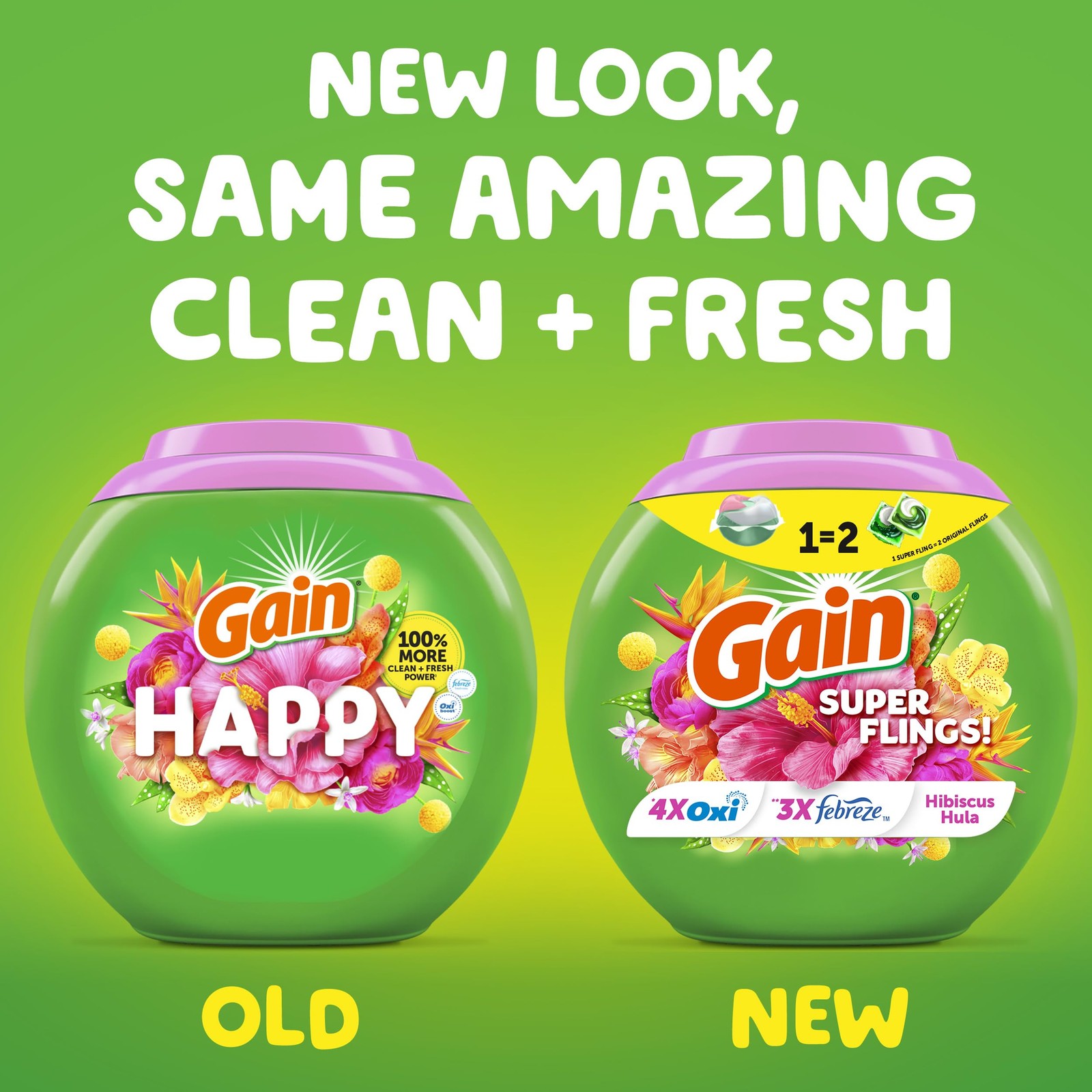 Gain Super Flings Laundry Detergent Pacs, 18 Count, Hibiscus Hula scent, irre…