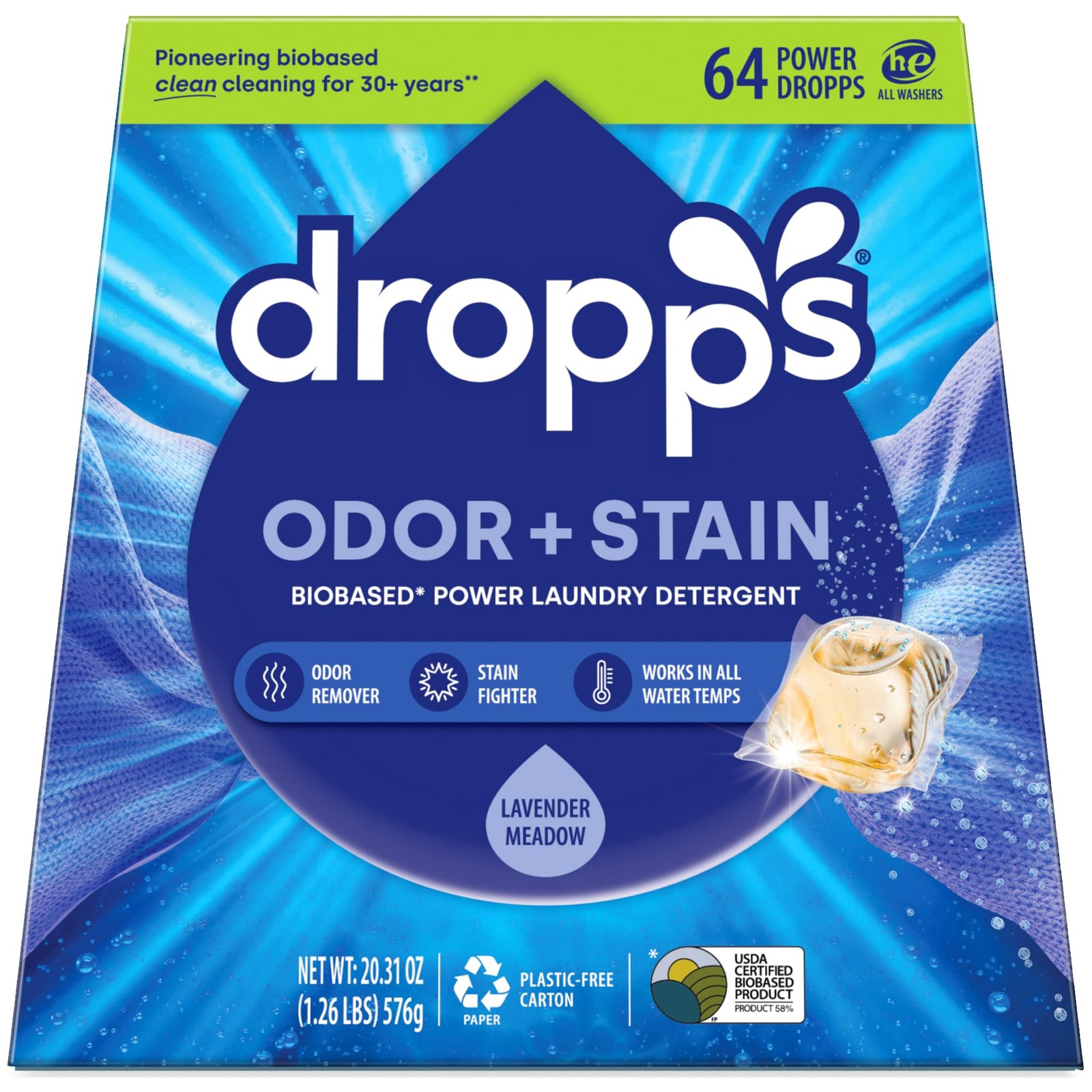 Dropps Odor & Stain Laundry Detergent Pods, Lavender 64 Count (Pack of 1)
