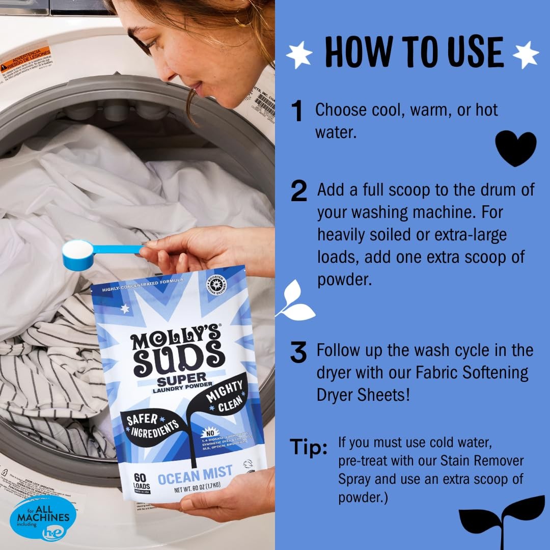 Molly’s Suds Powder Ocean Mist, 60 Loads, Gentle on Skin, Tough on Stains