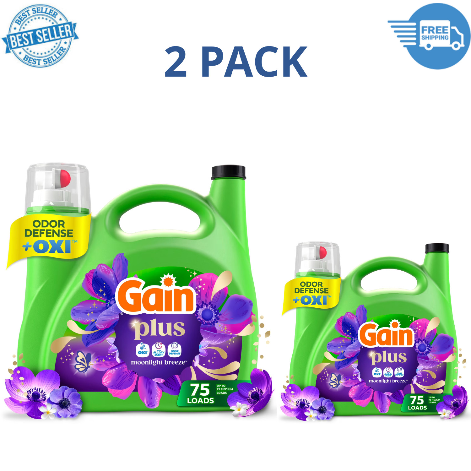 Gain Plus Liquid Laundry Detergent Moonlight Breeze 99oz 75 Loads OXI, 2 Pack