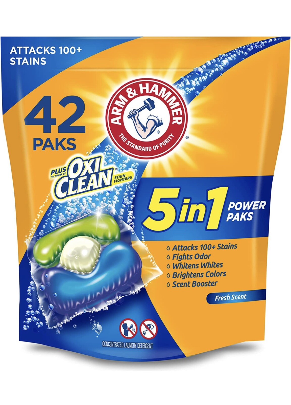 Arm & Hammer plus Oxiclean 5-In-1 Laundry Detergent Power Paks, 42Count FREESHIP