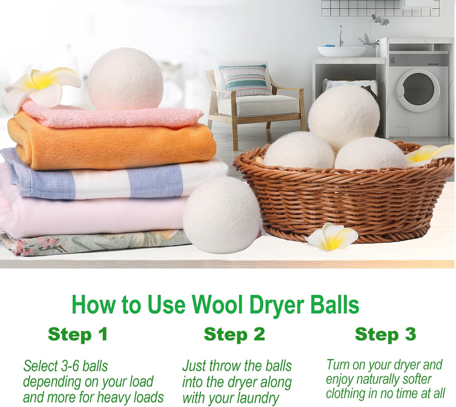 Wool Dryer Balls, Full-Size(Dia.~2.76 In), Reduces Drying Time, Reusable and Che