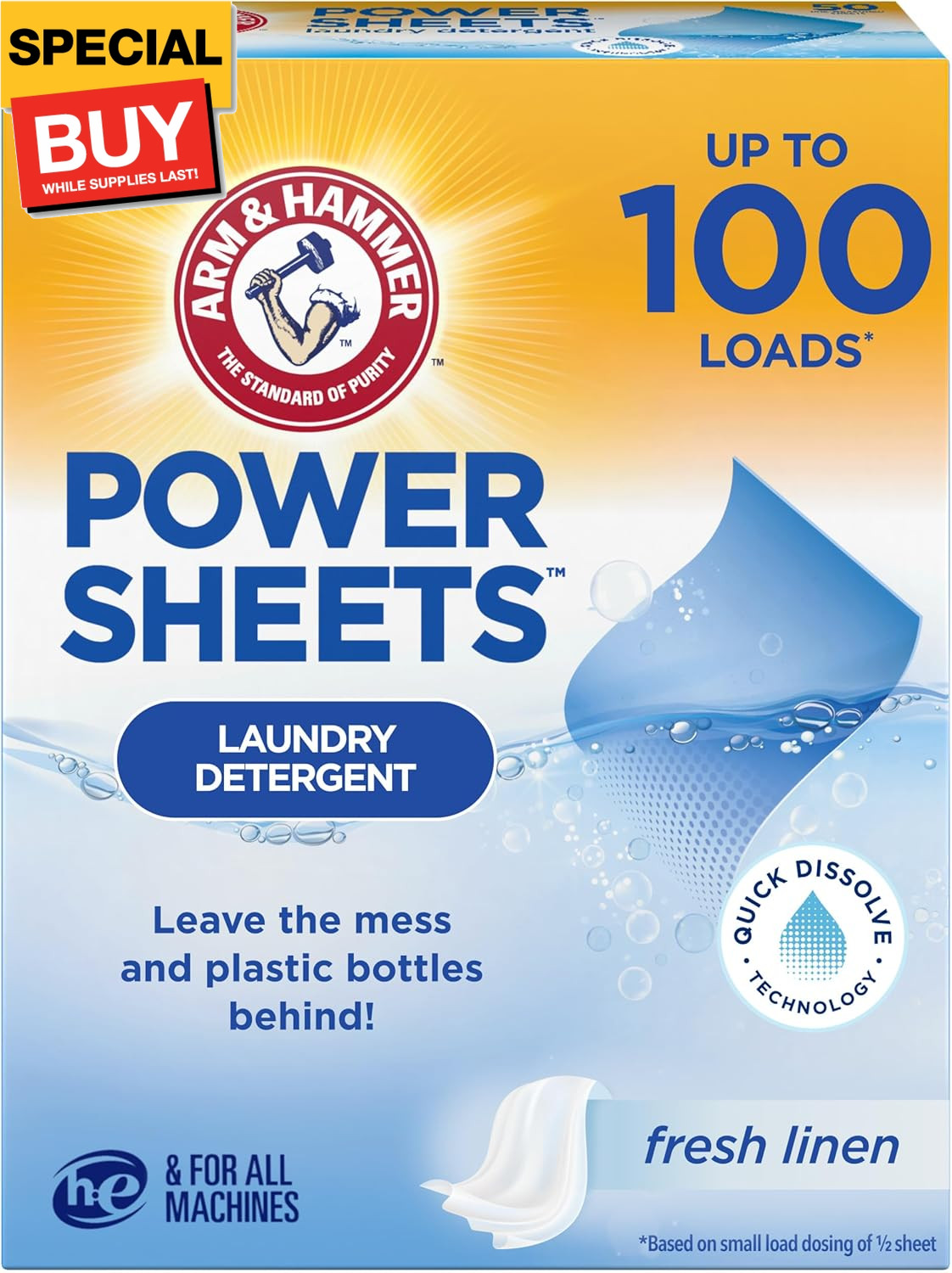 Power Sheets Laundry Detergent, Fresh Linen 50ct, up to 100 Small Loads (Packagi