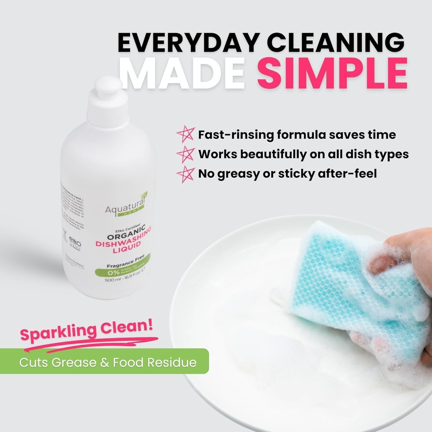 Organic Dishwashing Liquid 16.9 Fl Oz, Plant Based, Unscented, Sensitive Skin
