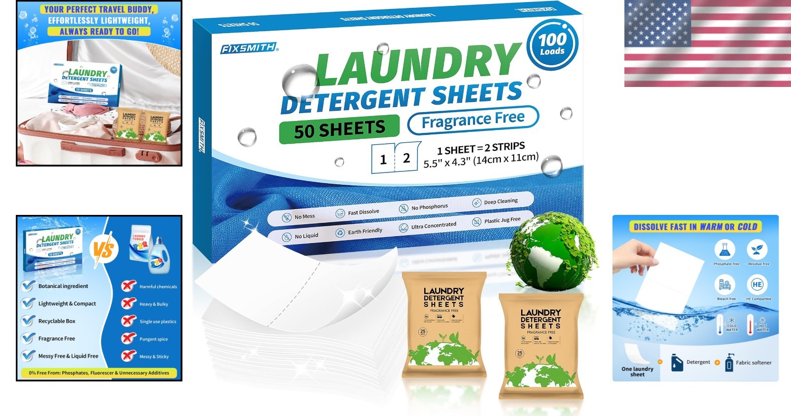 Plastic-Free Laundry Detergent Strips – 50 Unscented Sheets for Sensitive Skin