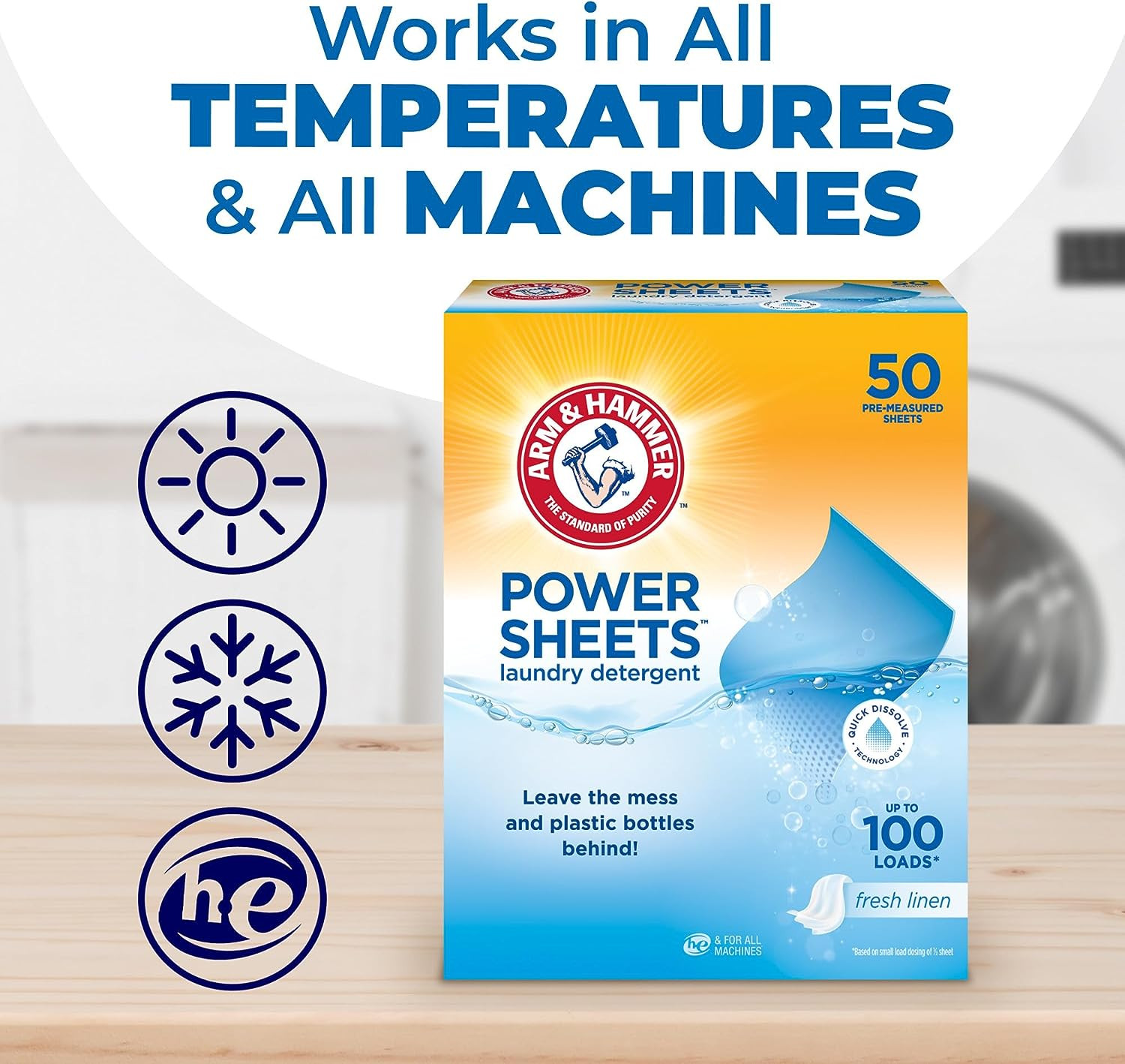 Arm & Hammer Power Sheets Laundry Detergent, Fresh Linen 50Ct, up to 100 Small
