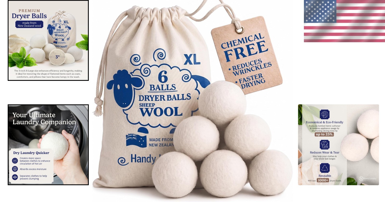 100 Percent New Zealand Wool Dryer Balls Pack of 6 Eco Friendly Laundry Solution
