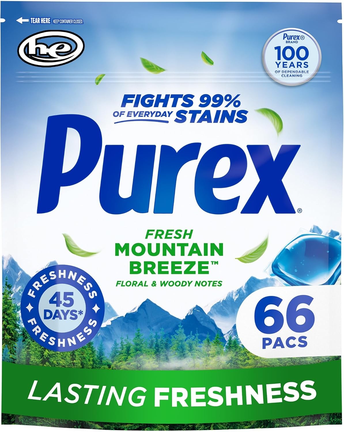 Purex Fresh Mountain Breeze Laundry Detergent Pacs 66 Count 4-in-1 Cleaning