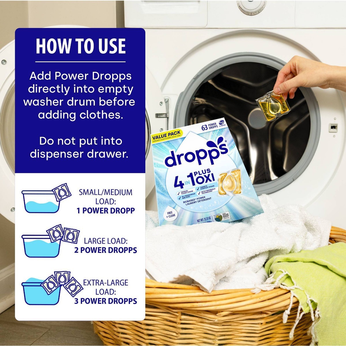 Dropps Unscented Free &Clear 4-in-1 Plus Oxi Power Biobased Pods 63 Pacs-35.55oz