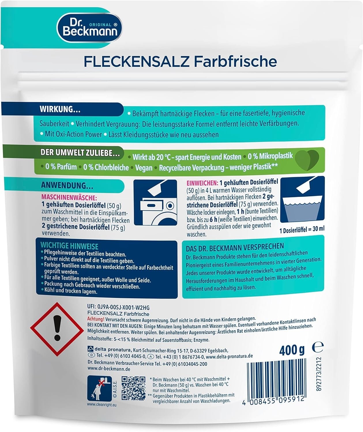 Dr.Beckmann Stain Removal Salt Farbfrische 14.1oz Against Incl. Measuring Spoon