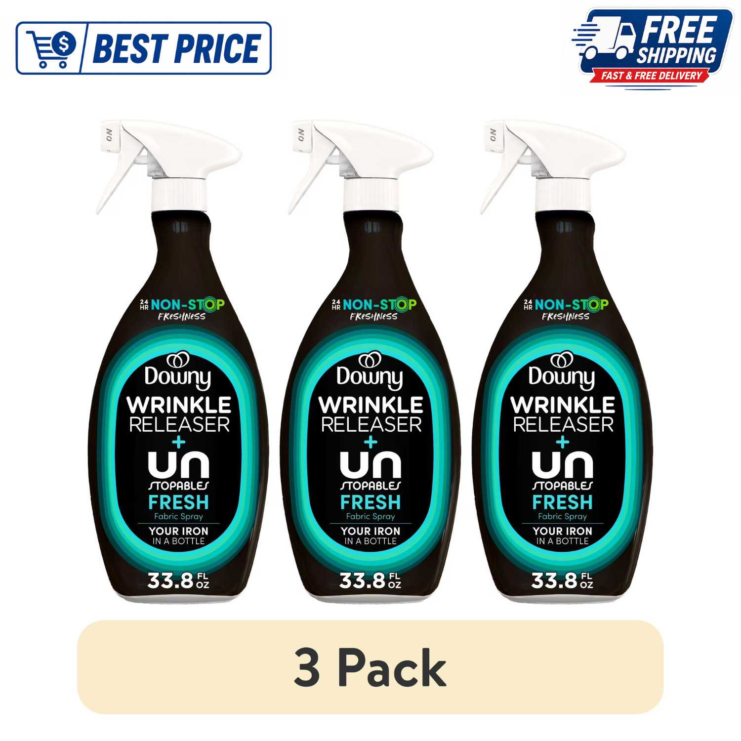 (3 Pack) Downy Unstopables Fresh Wrinkle Releaser Fabric Spray, 33.8 fl oz